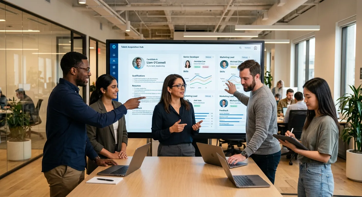 A modern, professional office environment where a diverse HR team collaboratively reviews candidate profiles on large digital screens. The mood is focused, strategic, and high-tech, with warm lighting accentuating clean interfaces.