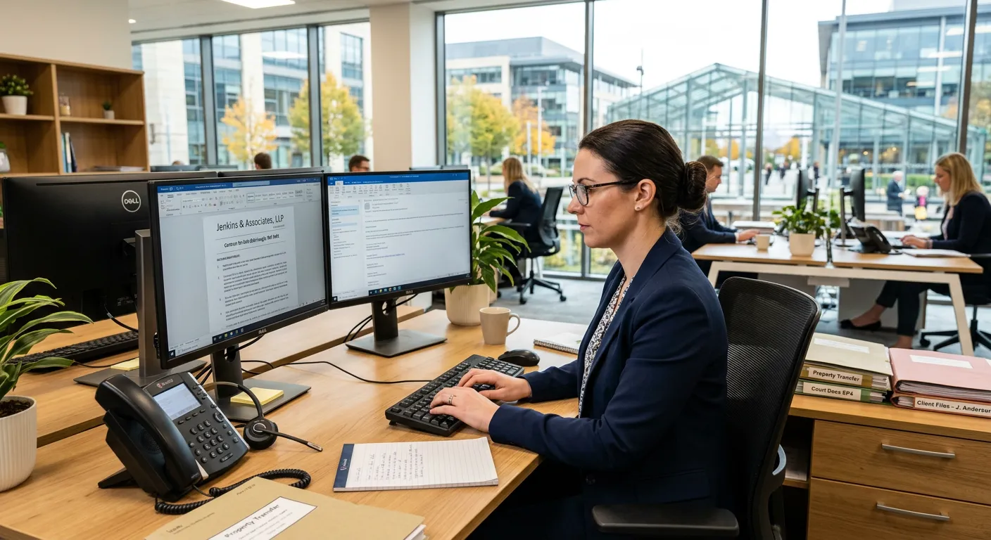 A professional, well-lit office environment in a modern Edinburgh business park. A focused Legal Sec... A professional, well-lit office environment in a modern Edinburgh business park. A focused Legal Secretary is working efficiently at a desk with dual monitors, legal documents, and a telephone. The style is realistic and aspirational, conveying competence and a positive work atmosphere.