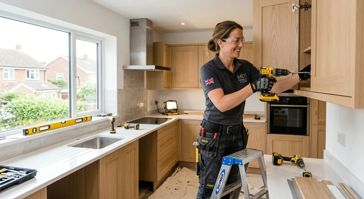 A professional, confident carpenter wearing safety gear, smiling and working on a high-quality kitchen cabinet installation in a modern home in the ME11 area. Style: Bright, realistic, and aspirational.