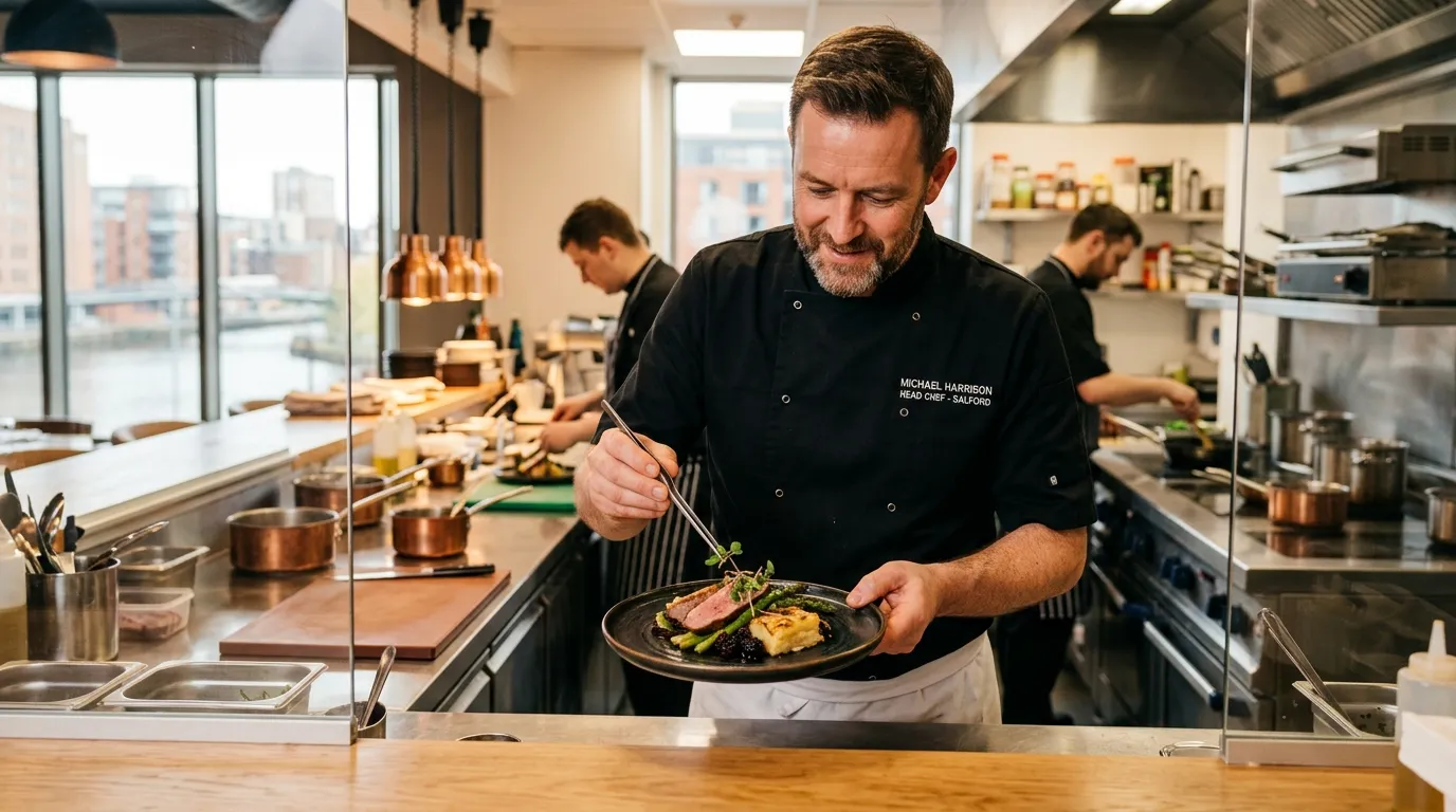 A professional Head Chef in a modern, clean kitchen in Salford, confidently plating a dish, showcasing leadership and culinary skill. Warm, inviting mood with natural light.