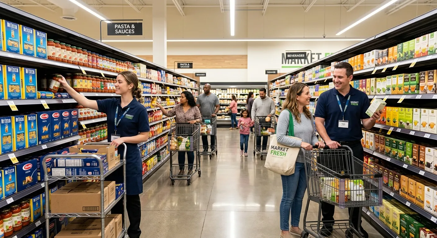 A professional, well-lit image of a modern supermarket aisle with employees in uniforms assisting customers and stocking shelves, representing a bustling retail environment.