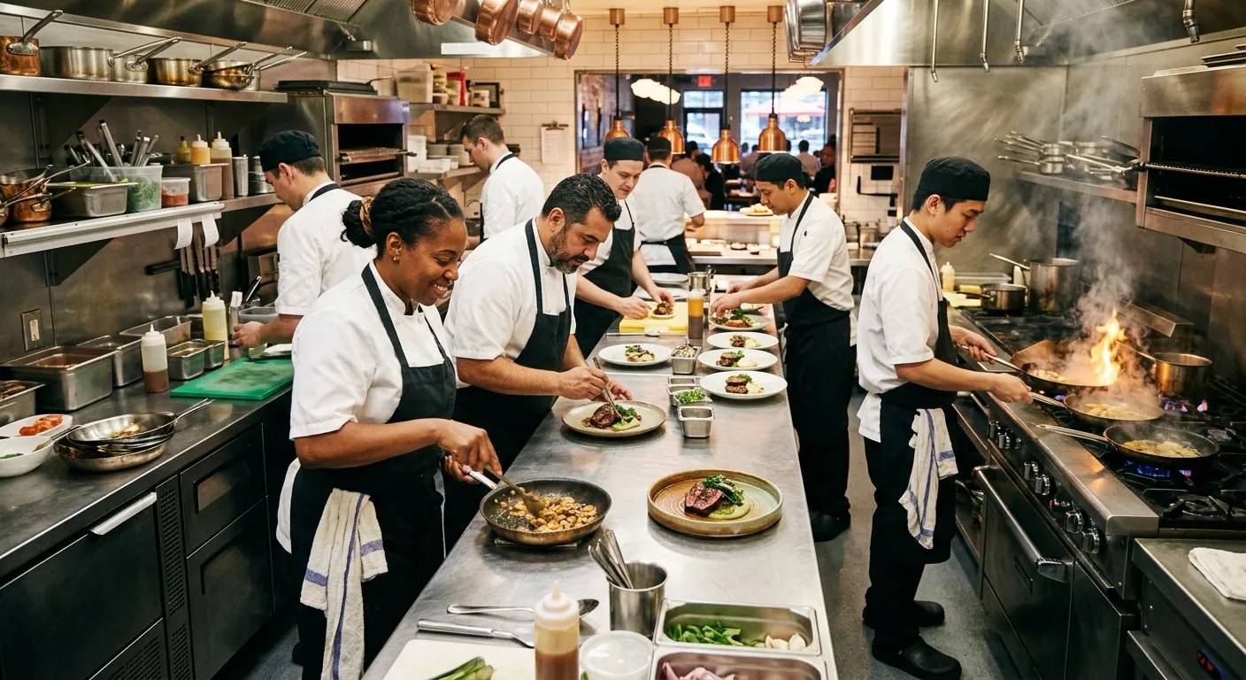 A high-energy, professional kitchen scene. A diverse team of chefs and cooks in crisp white uniforms collaborate over sizzling pans and beautifully plated dishes. The mood is vibrant, efficient, and modern, showcasing a busy commercial kitchen in action.