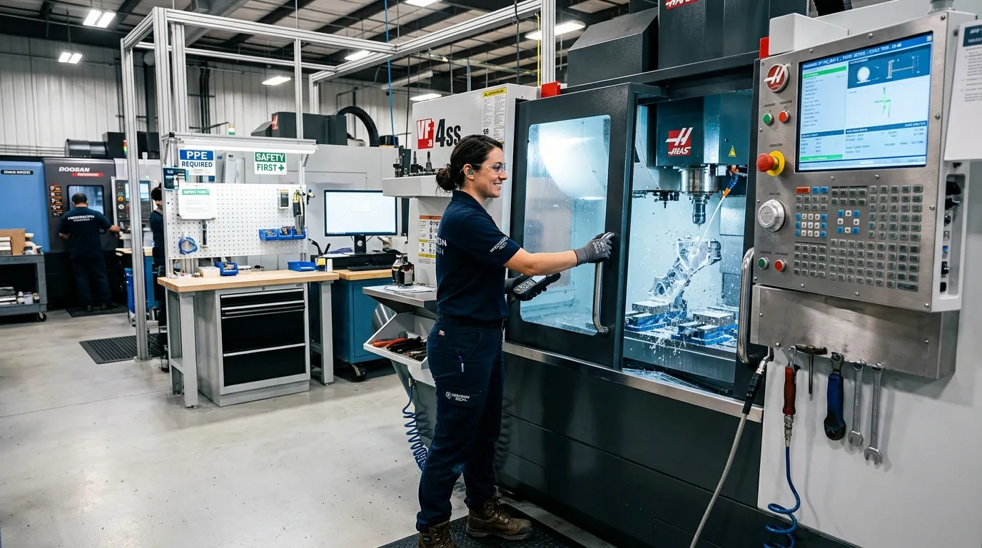A dynamic, high-contrast hero image showing a skilled machine operator in a modern, clean industrial... A dynamic, high-contrast hero image showing a skilled machine operator in a modern, clean industrial setting, confidently operating a CNC machine or lathe. The atmosphere is professional, safe, and technologically advanced. Focus on sharp details and vibrant lighting.