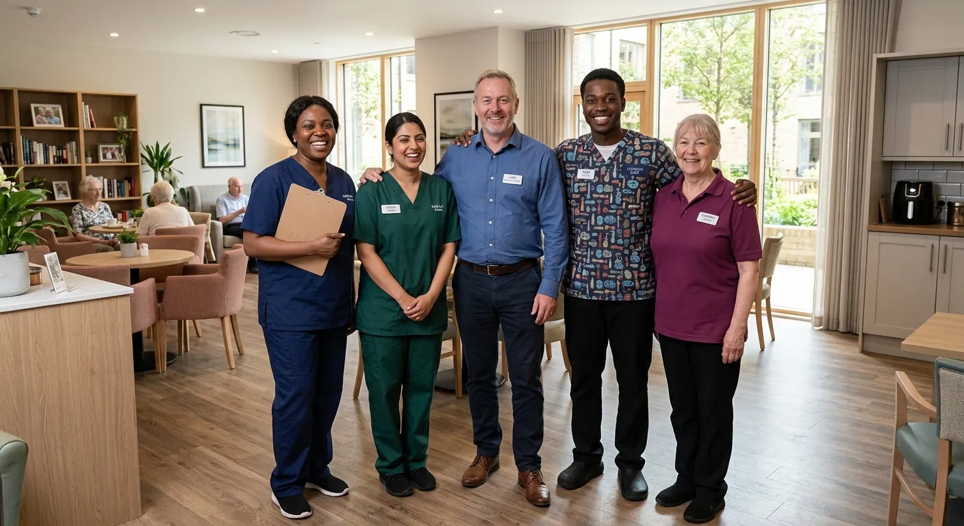 A professional, diverse group of care workers in scrubs and smart casual attire, smiling confidently in a modern London care home setting with natural light, conveying trust, competence, and compassion.