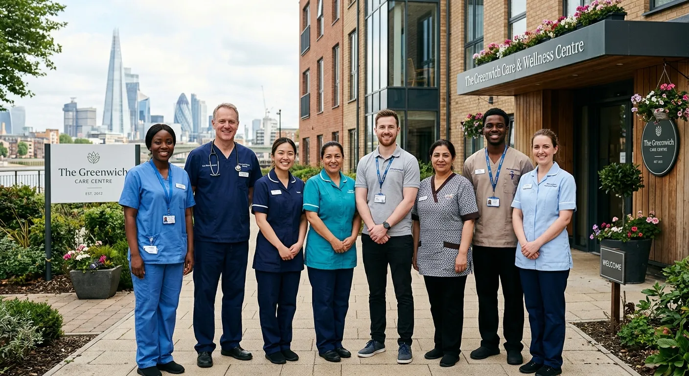 A diverse, professional group of healthcare and care workers in uniform, smiling confidently, standing outside a modern London care home or hospital with iconic London architecture (like The Shard) subtly blurred in the background. Style: Professional, warm, and inspiring. Mood: Trustworthy, competent, and community-focused.