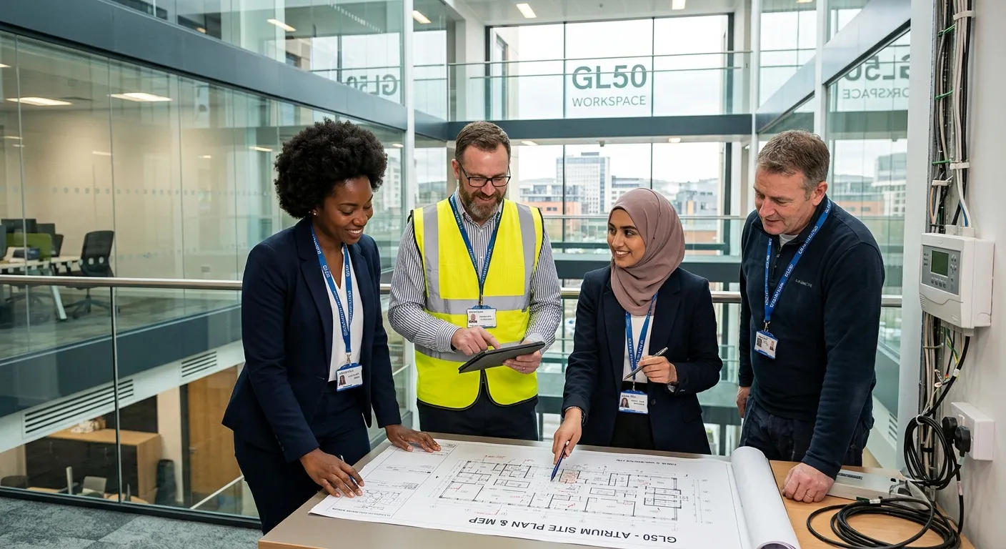 A professional, diverse group of Building Facilities Coordinators in a modern office or commercial building setting in Cheltenham (GL50). They are reviewing plans, using a tablet, and inspecting a building system. Style: Professional, authentic, and welcoming. Mood: Competent, organised, and team-oriented.