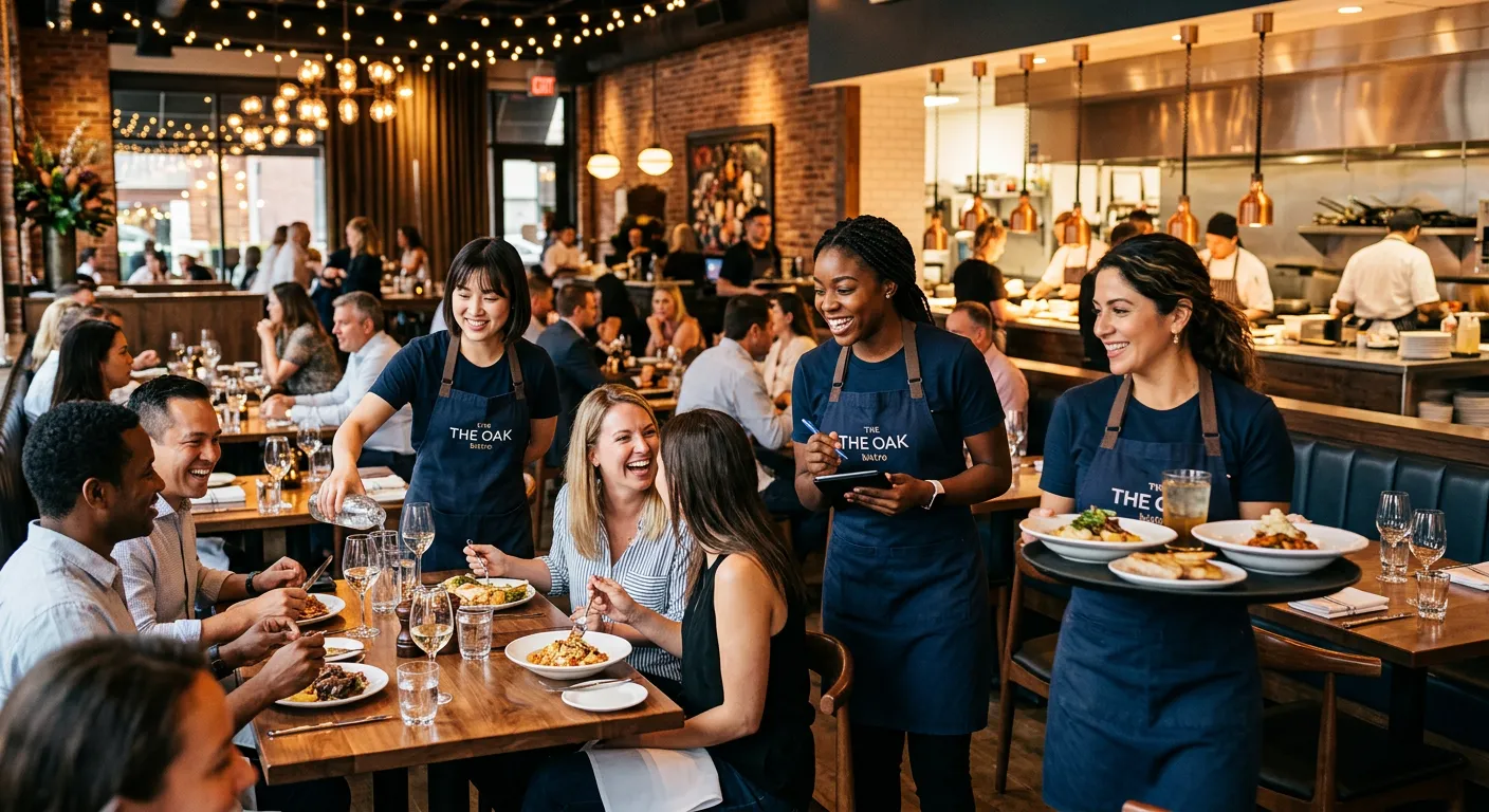 A professional, high-energy photograph of a diverse team of waitresses in a modern, upscale restaurant. They are smiling, interacting with customers, and working efficiently. The image should convey a sense of teamwork, hospitality, and a fast-paced, successful environment.