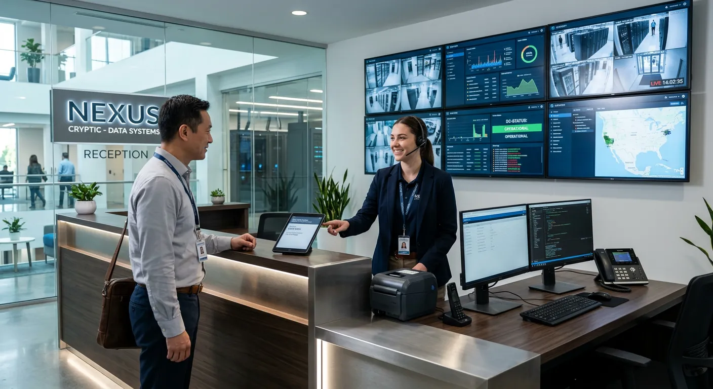 A modern, professional reception or front desk area in a tech company or data center. A confident, s... A modern, professional reception or front desk area in a tech company or data center. A confident, skilled Front Desk Engineer is interacting with a visitor while monitoring multiple screens showing security feeds and system dashboards. Style: professional, high-tech, crisp. Mood: competent, secure, efficient.