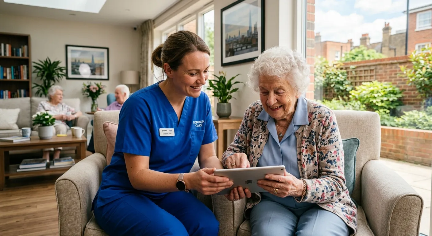 A professional, warm, and empathetic scene in a modern London care setting. A qualified care worker in blue scrubs is gently assisting an elderly resident with a tablet in a bright, sunlit communal lounge. The style is authentic and high-resolution, conveying trust, professionalism, and human connection.