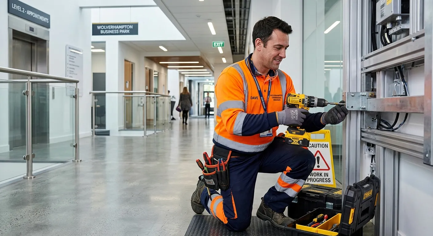A professional, well-lit photo of a skilled maintenance operative in high-visibility clothing, confidently using a cordless drill to repair a metal fixture inside a modern commercial building in Wolverhampton. The image should convey competence, safety, and a professional work environment.
