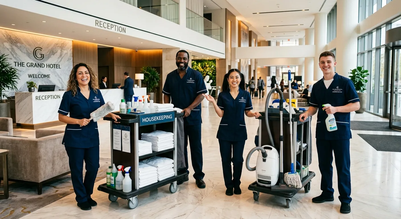 A professional, high-energy shot of a diverse team of housekeeping staff in crisp uniforms, smiling... A professional, high-energy shot of a diverse team of housekeeping staff in crisp uniforms, smiling and equipped with cleaning carts, standing in the bright, clean lobby of a modern hotel or corporate building. Style: professional, welcoming, high-contrast. Mood: efficient, trustworthy, and team-oriented.
