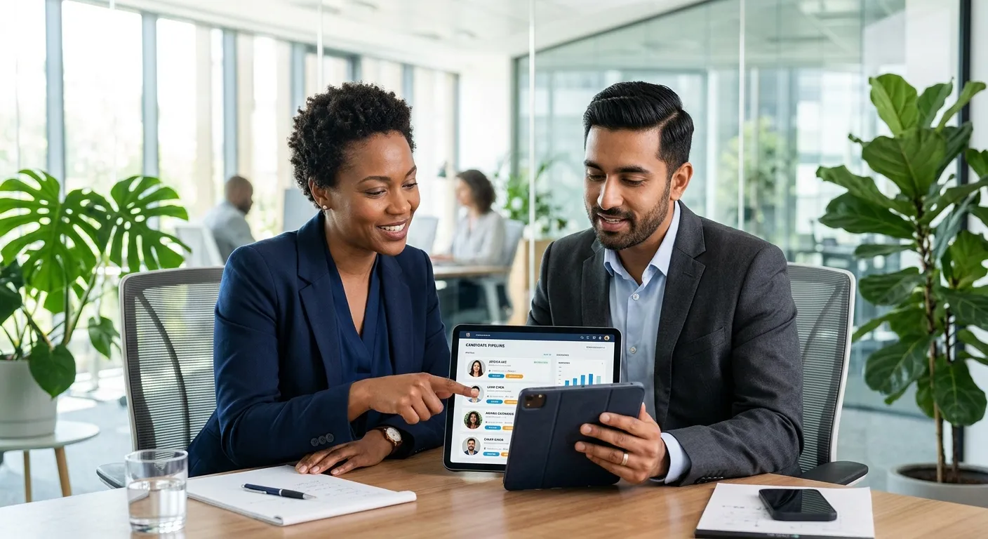 A modern, professional image depicting a diverse hiring manager and recruiter reviewing candidate profiles on a digital tablet, with a blurred background of office plants and glass walls. Style: Clean, bright, corporate. Mood: Efficient, decisive, collaborative.