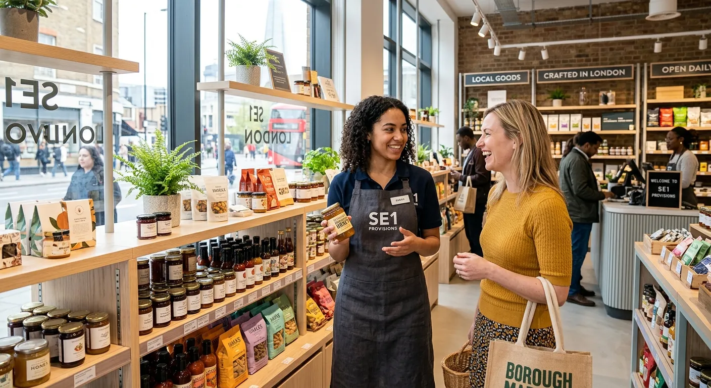 A professional, friendly Shop Assistant in a modern London SE1 retail store, assisting a customer with a product, showcasing a vibrant, welcoming retail environment with clean shelves and natural light.