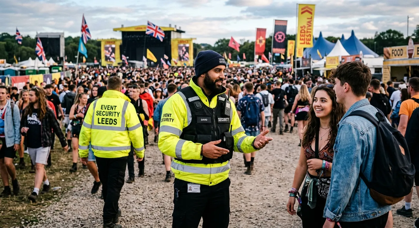 Professional, dynamic photo of an Event Security officer in a high-vis jacket at a busy Leeds event, such as Leeds Festival or a major conference, communicating calmly with attendees. The style is confident and trustworthy, with a focus on the professional demeanor of the officer.