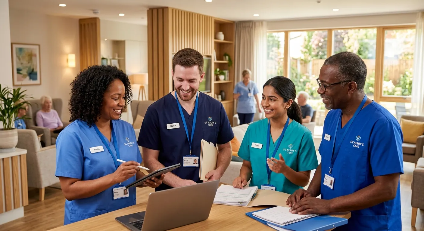 A diverse group of professional, compassionate care workers in scrubs, smiling and collaborating in... A diverse group of professional, compassionate care workers in scrubs, smiling and collaborating in a modern, well-lit care facility. Style: Professional, warm, and trustworthy. Mood: Competent and reassuring.