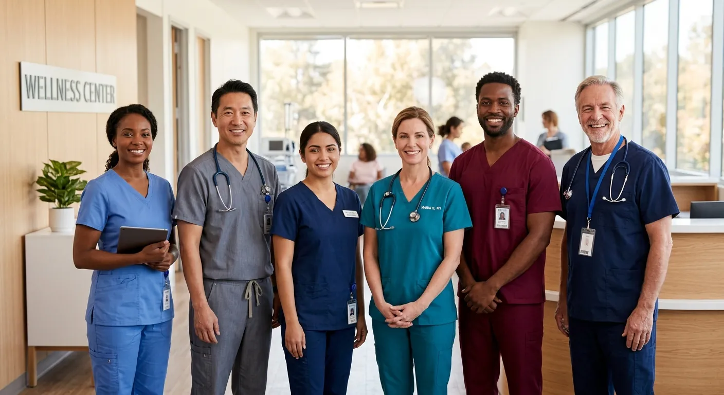 A diverse, professional team of healthcare workers in scrubs and uniforms, smiling confidently in a modern, sunlit clinic or care home setting. Style: Warm, authentic, high-resolution professional photography. Mood: Trustworthy, capable, and collaborative.