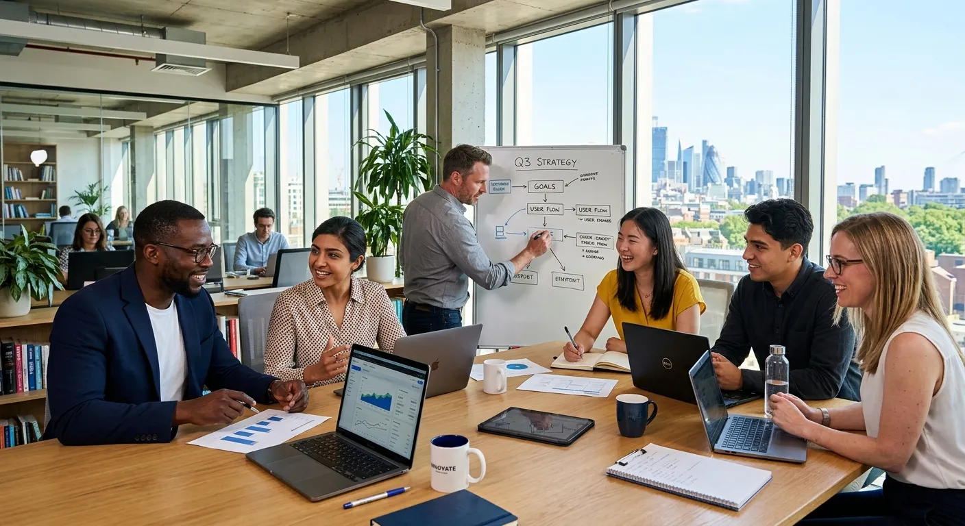 A diverse group of professional workers collaborating in a modern, sunlit office environment. Style is professional, upbeat, and focused, with high contrast and sharp details.