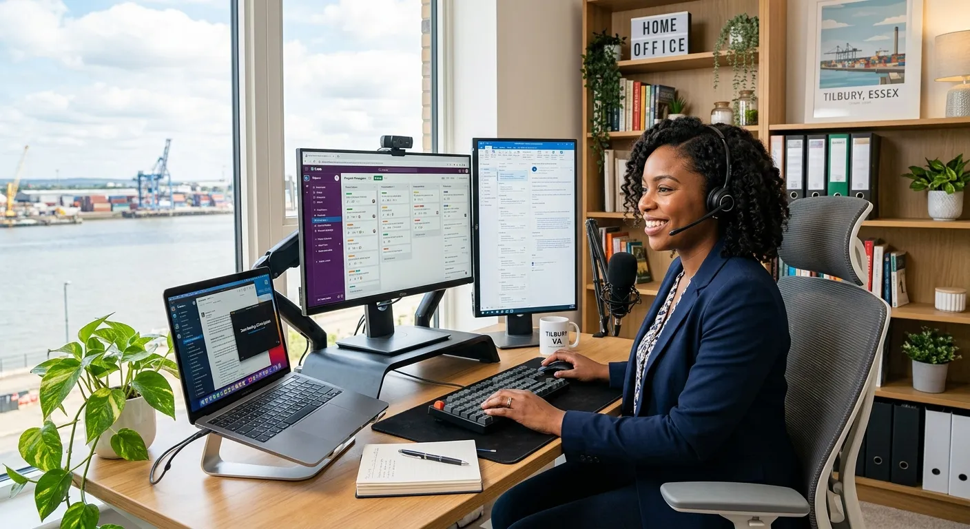 A professional, smiling virtual assistant working from a bright, modern home office in Tilbury, with multiple digital screens visible, conveying efficiency and remote work capability
