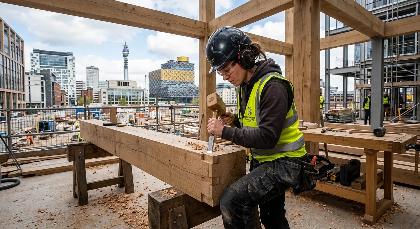 A professional, high-quality image of a skilled joiner at work on a construction site in Birmingham, focusing on precision work with timber. The image should convey expertise, quality, and a modern work environment.