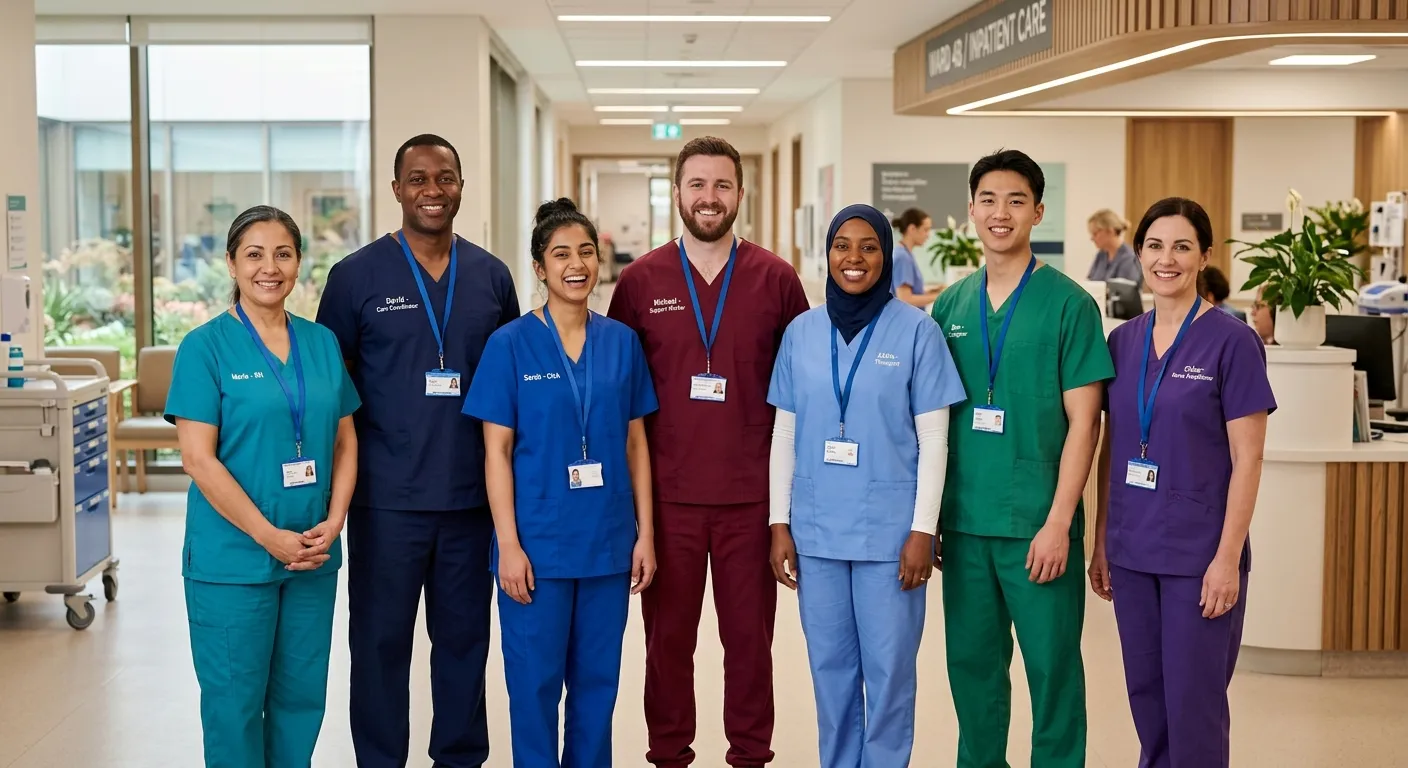 A diverse, professional team of care workers in scrubs, smiling confidently in a well-lit modern healthcare facility. Style: Professional, warm, and inviting. Mood: Trustworthy, compassionate, and competent.