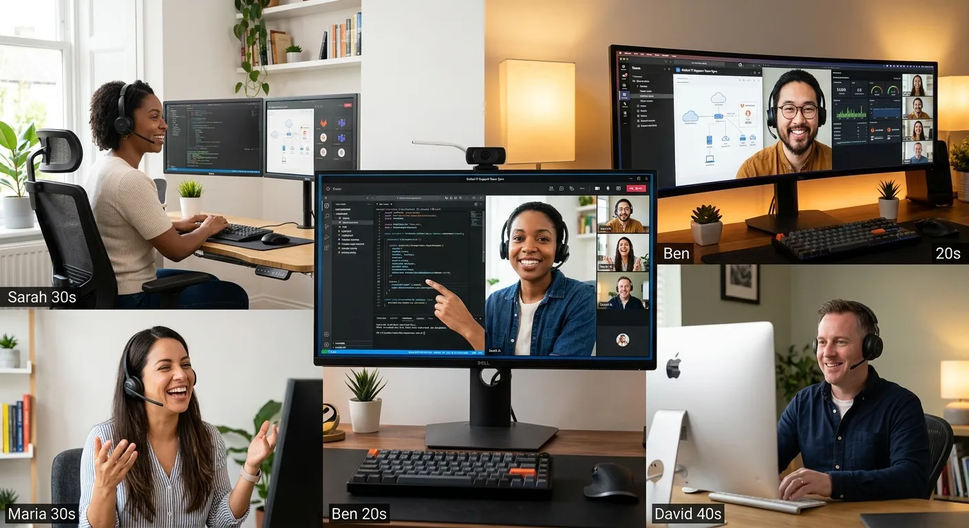 A modern, diverse team of IT support professionals working remotely from home offices, smiling and collaborating via video call on multiple monitors. Professional, bright, and tech-focused mood.