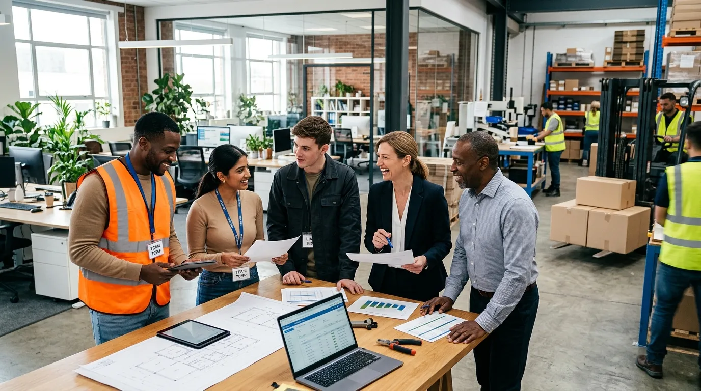 A dynamic, professional hero image showing a diverse group of temporary workers in a modern office and light industrial setting, collaborating with managers. Style is bright, energetic, and focused on human connection and productivity.