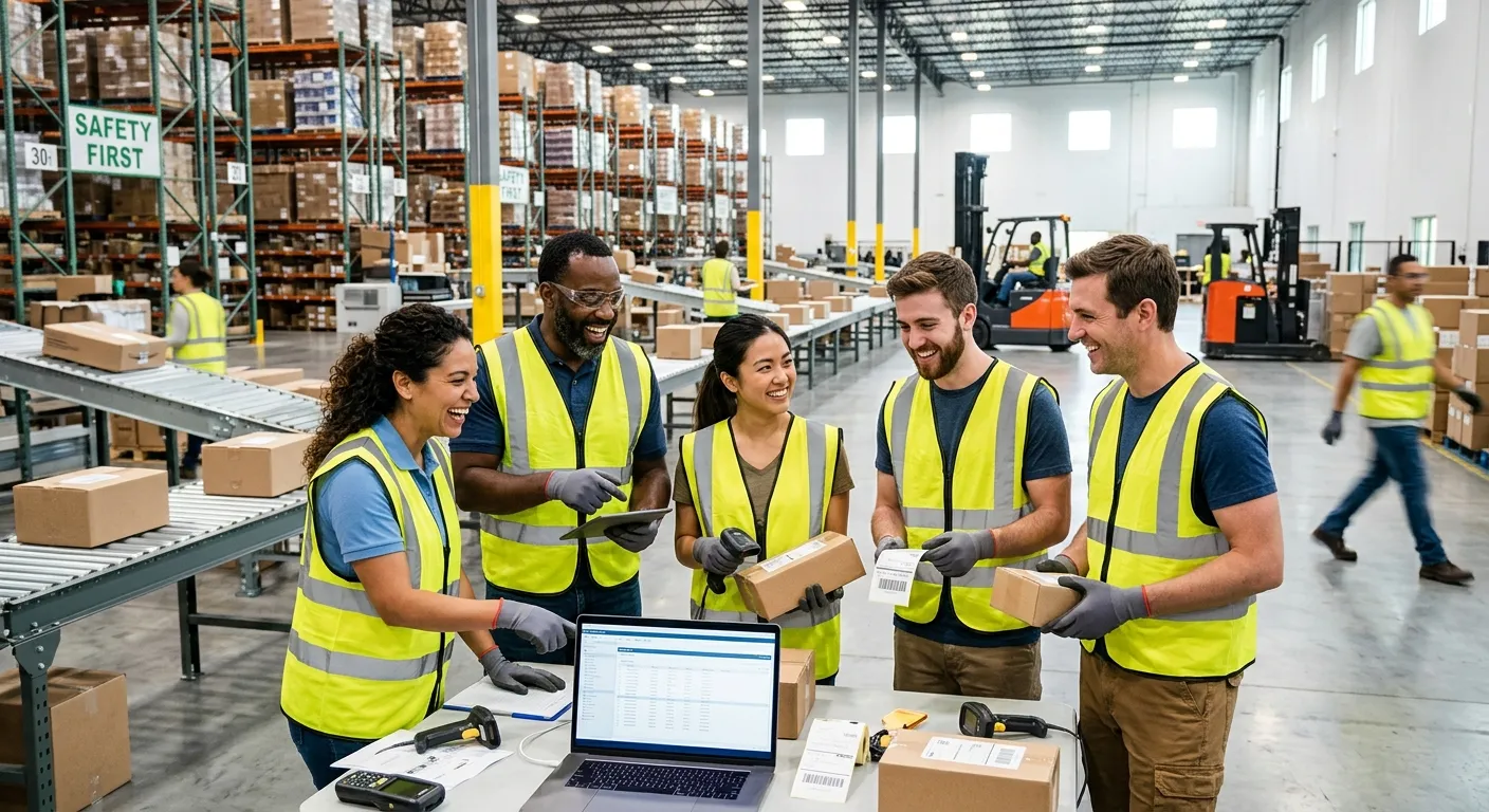 A dynamic, professional photo of a diverse team of workers in a modern warehouse setting, collaborating and smiling. The style is bright, high-contrast, and inspiring, with a focus on teamwork and industry.