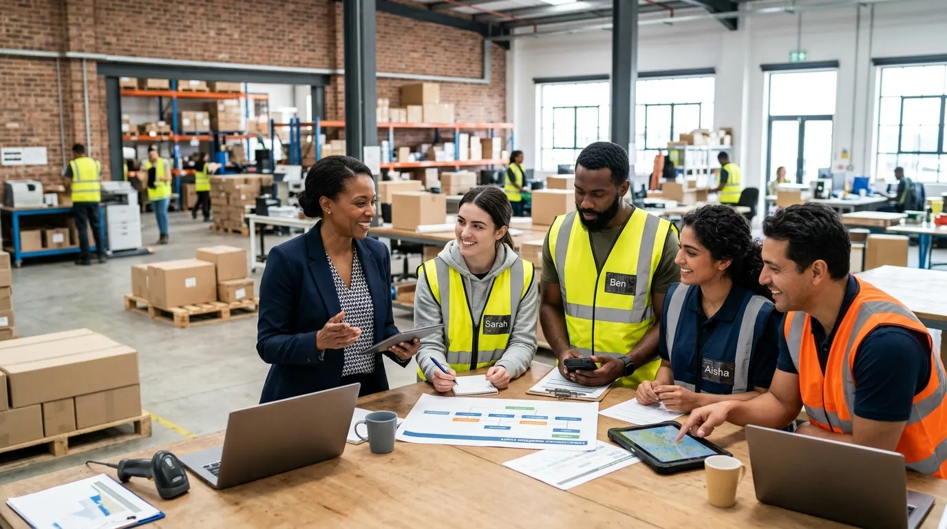 A dynamic, professional hero image showing a diverse group of temporary workers and a manager collaborating in a modern, bright office or warehouse setting. The style is sharp, high-resolution, with a focus on teamwork and efficiency. Mood is professional, optimistic, and forward-thinking.
