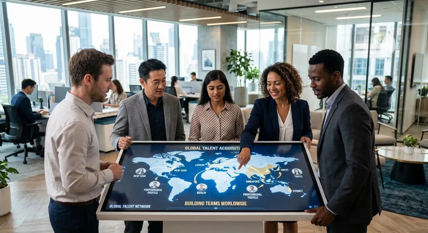 A modern, diverse group of professional workers in a sleek international office setting, looking at... A modern, diverse group of professional workers in a sleek international office setting, looking at a world map on a digital screen, symbolizing global talent acquisition. Style: Professional, bright, aspirational mood.