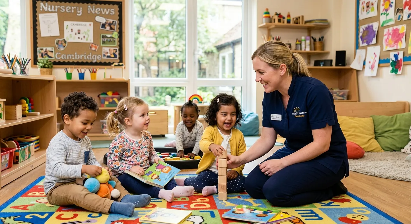 A professional, warm photograph of a Nursery Nurse engaging with a small group of diverse, happy children in a bright, well-equipped nursery setting in Cambridge, focusing on interaction and care.