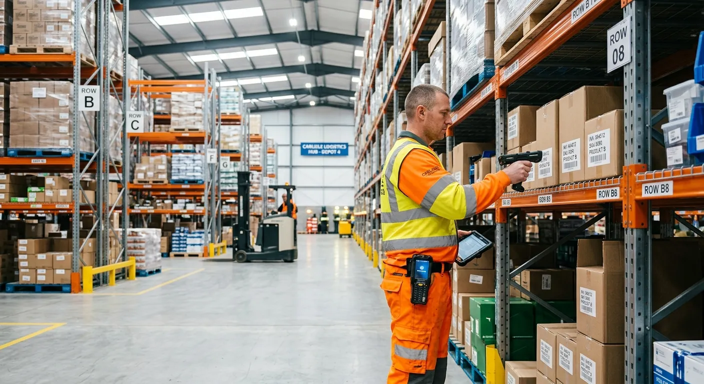 Professional photograph of a modern, organised warehouse in Carlisle, with a Stock Controller in high-visibility clothing using a handheld scanner to check inventory on metal shelving. Bright, clean, and efficient mood.