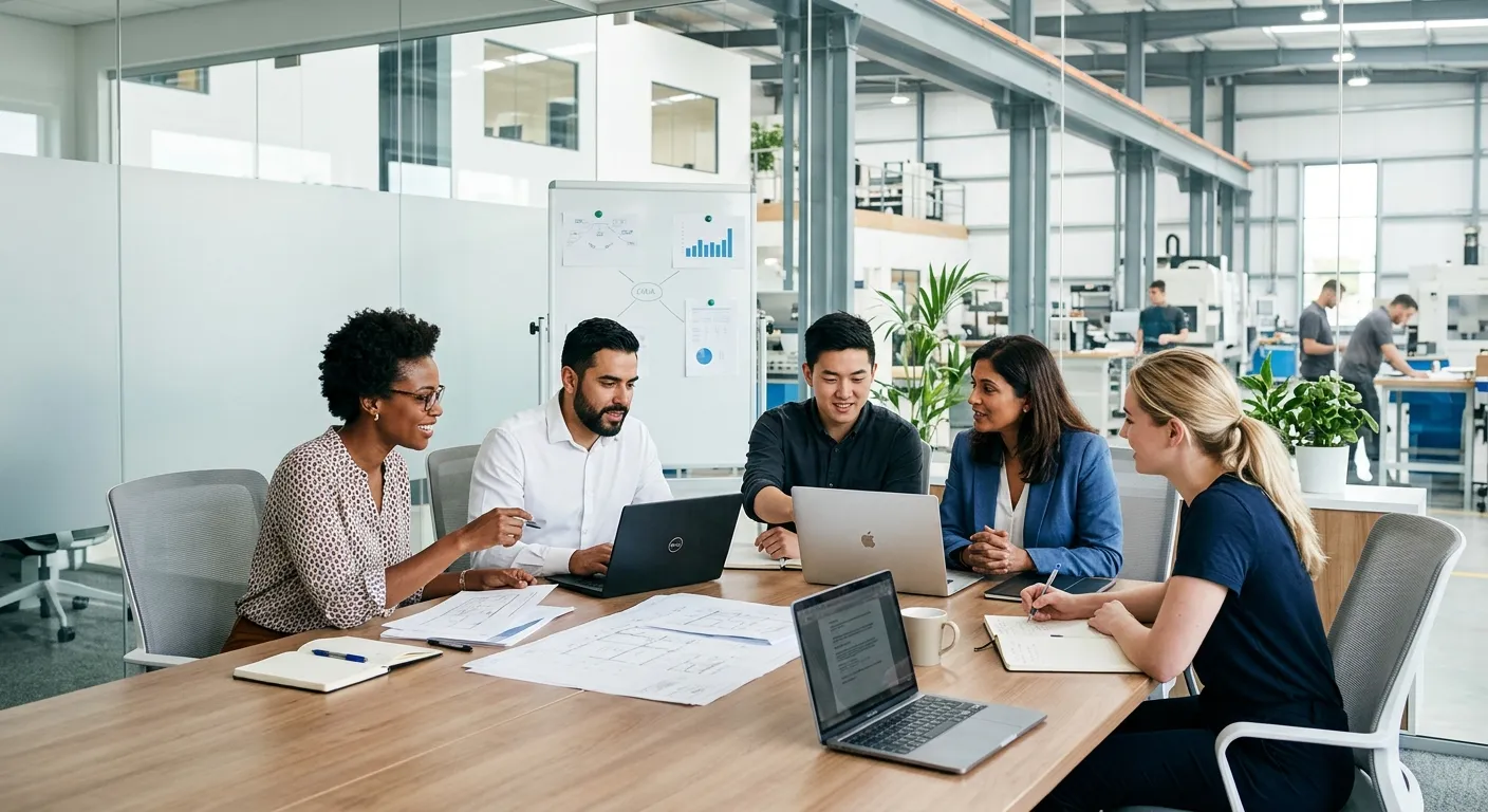 A diverse group of professional, engaged employees in a modern office or light industrial setting, collaborating around a table with laptops and documents. Style: professional, bright, and aspirational, conveying teamwork and long-term success.