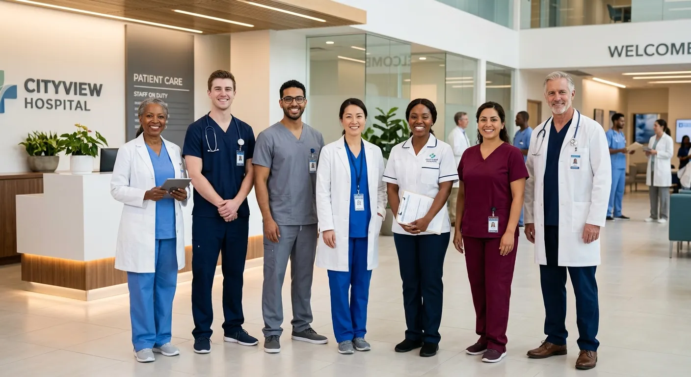 A diverse, professional group of healthcare and support workers in scrubs and uniforms, smiling conf... A diverse, professional group of healthcare and support workers in scrubs and uniforms, smiling confidently. They are standing in a modern, bright healthcare facility. Style is professional, warm, and high-resolution, conveying trust and capability.