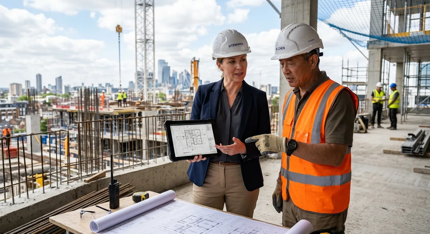 A modern, professional scene showing a business manager and a skilled contractor reviewing blueprints on a tablet at a construction site. Style: High-resolution, realistic, with a focus on collaboration and professionalism. Mood: Confident, productive, and strategic.