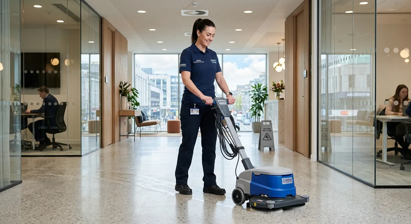 A professional, well-lit photograph of a Cleaner / Cleaning Operative in smart uniform, confidently using industrial cleaning equipment in a modern Aberdeen office or healthcare facility. Focus on professionalism and attention to detail.