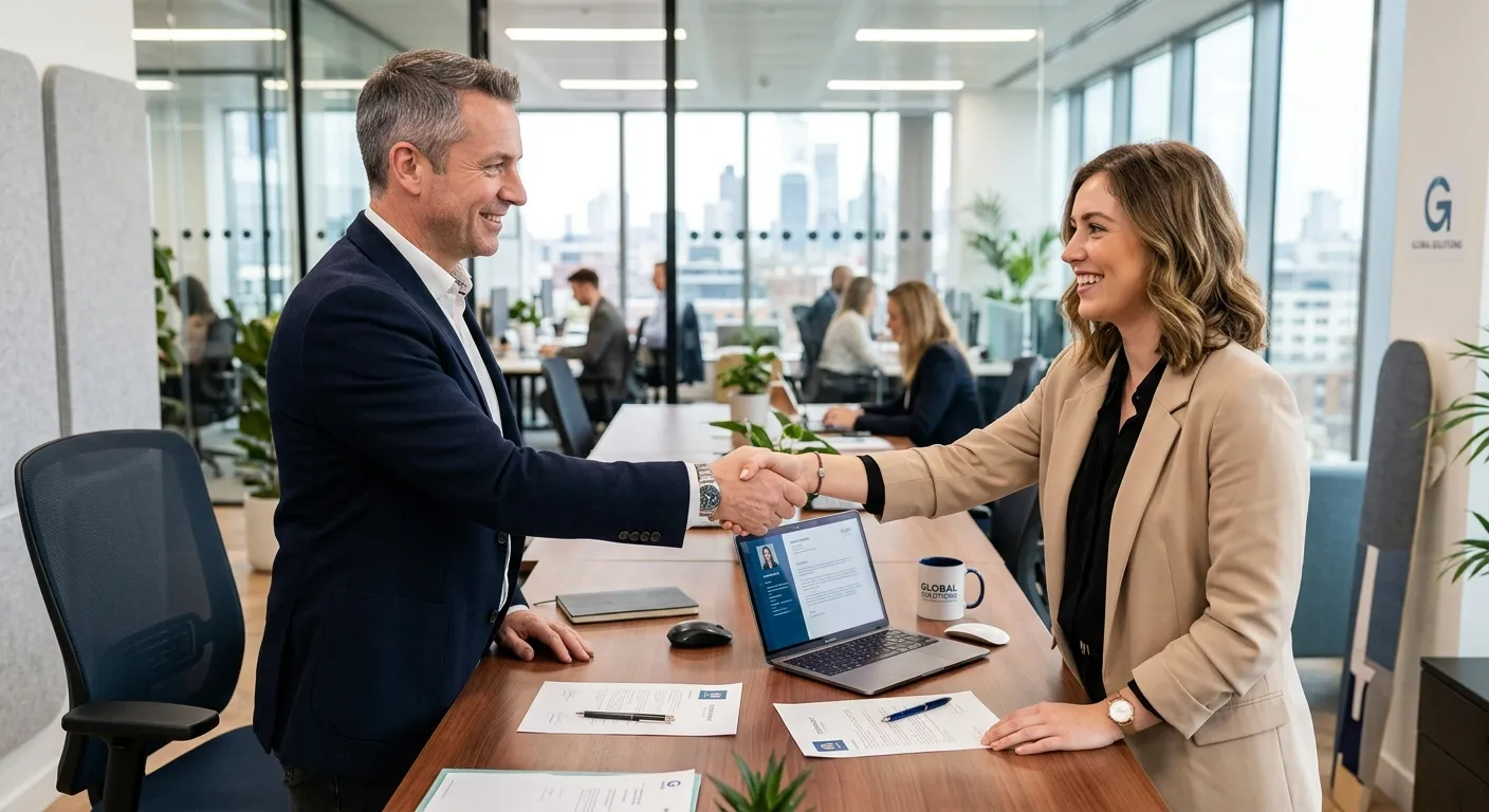 A modern, professional office setting where a hiring manager and a candidate are shaking hands over a desk with a laptop and documents. The mood is confident, successful, and collaborative. Style is crisp, bright, and professional.