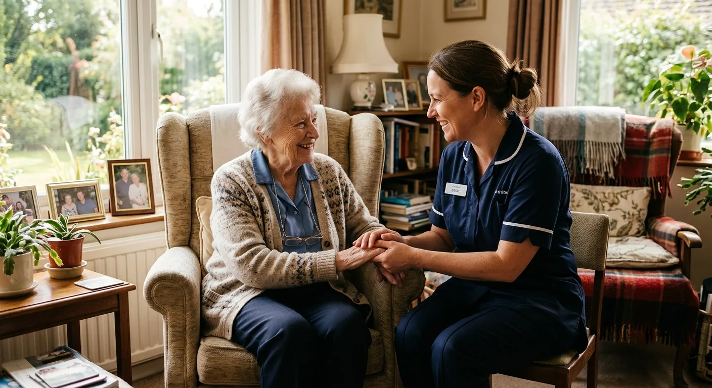 Professional, compassionate photo of a care worker assisting an elderly person in a sunlit, comfortable living room. Focus on the connection and professional demeanor. Style: Warm, authentic, high-quality.