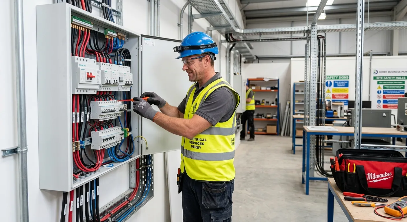 A professional, confident electrician in a hi-vis vest and hard hat, working on a modern electrical panel in a clean, well-lit commercial or industrial setting in Derby. The image should convey skill, safety, and professionalism.
