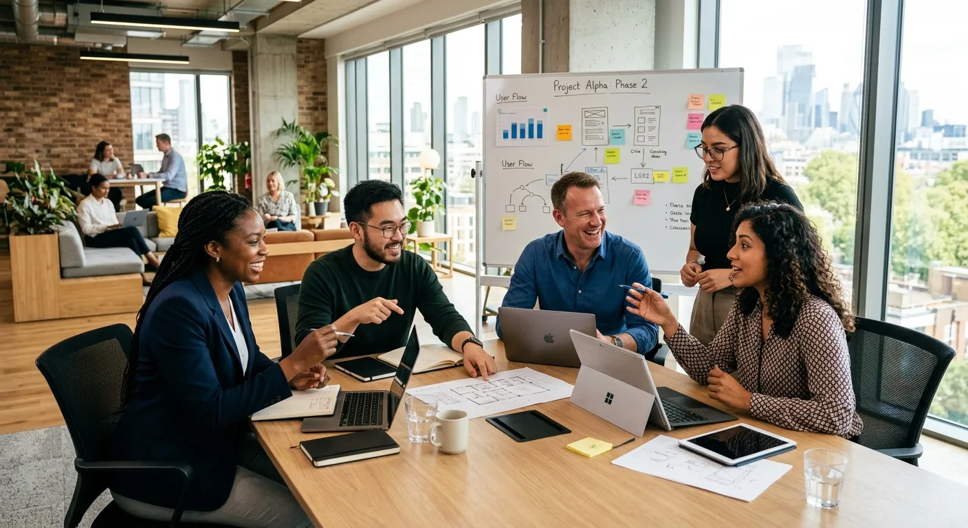 A diverse team of professionals collaborating in a modern, sunlit office. Style: Professional, authentic, and vibrant. Mood: Productive, engaged, and forward-thinking.