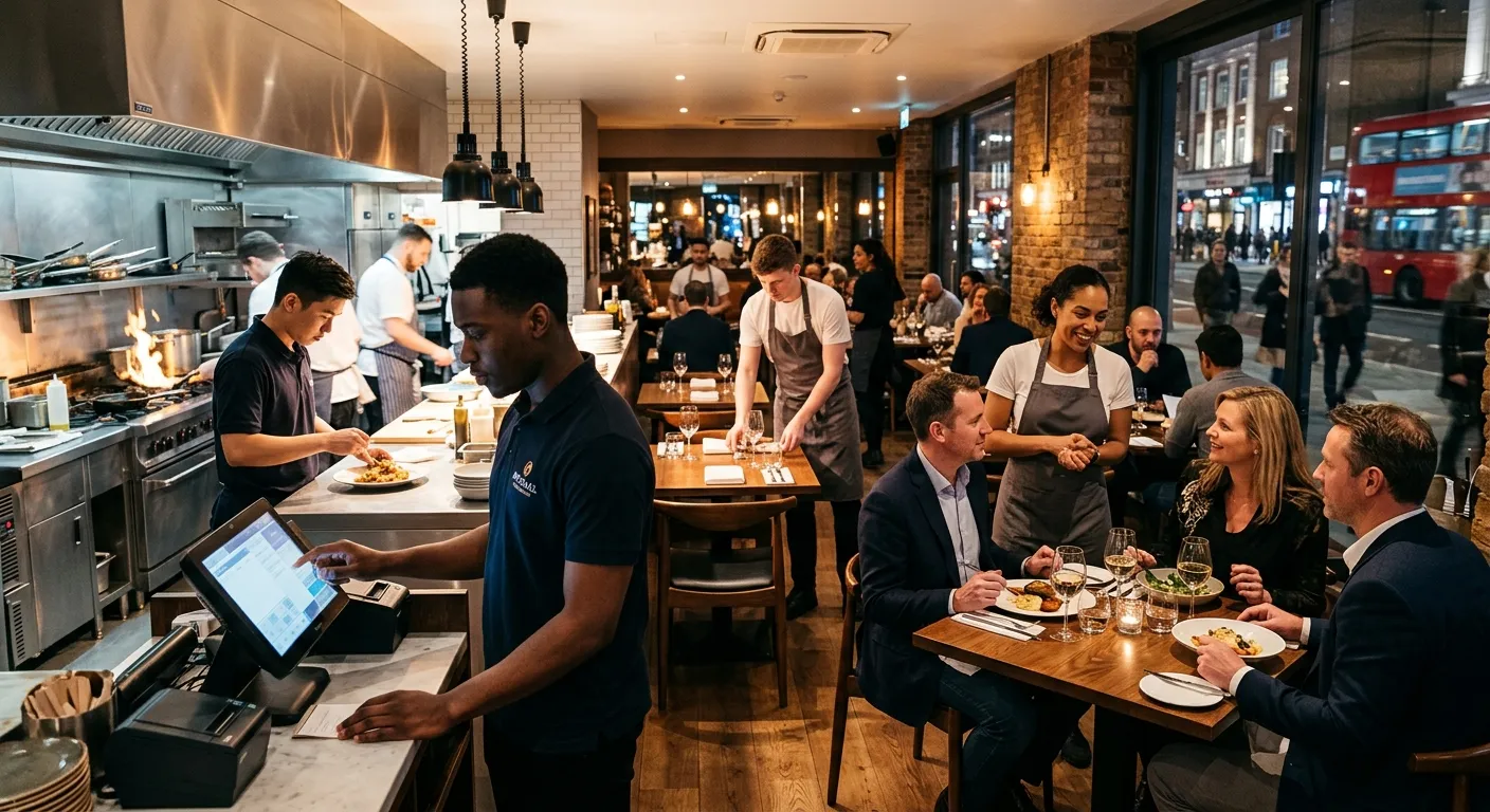A dynamic, professional photo of a diverse team of restaurant assistants working efficiently in a modern London kitchen and dining area. One is setting a table, another is using a POS system, and a third is interacting with a customer. The mood is energetic, professional, and welcoming.