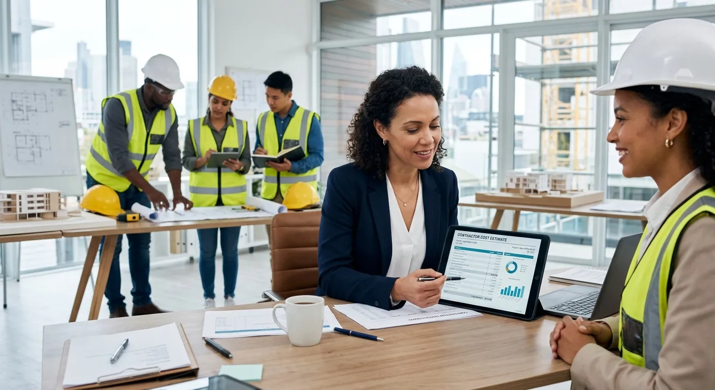 A professional hero image showing a business manager reviewing a detailed contractor cost estimate on a tablet, with a diverse team of skilled temporary workers in the background. Style: Modern, corporate, optimistic. Mood: Confident, informed, and strategic.