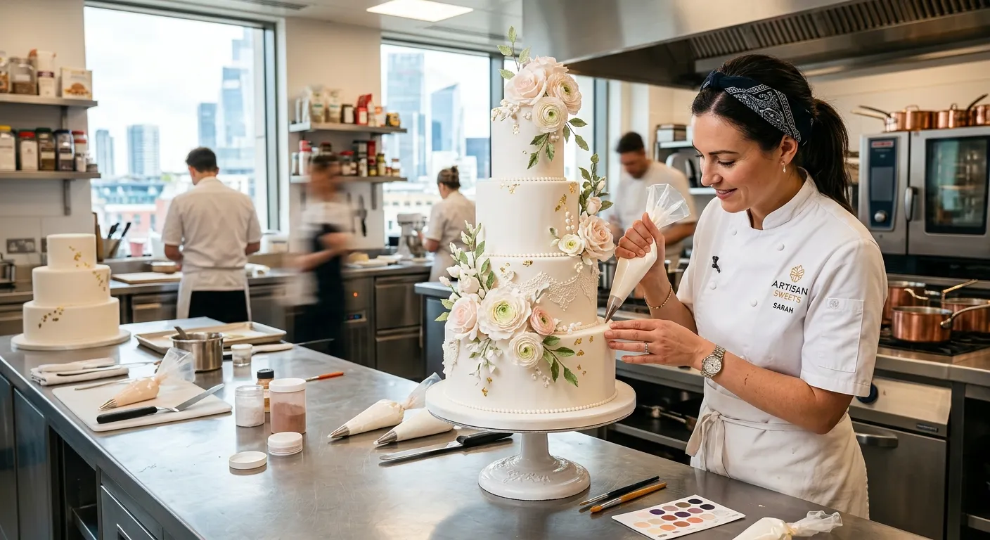 A professional pastry chef meticulously decorating a multi-tiered wedding cake in a bright, high-end commercial kitchen, showcasing skill and artistry. Style: Modern, vibrant, professional. Mood: Inspiring, precise, and aspirational.
