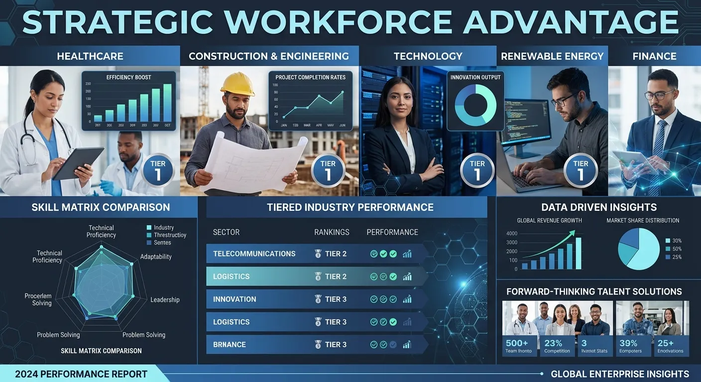 A professional, modern collage featuring diverse professionals in various industries (healthcare, construction, tech) with strategic overlays of tier rankings and data charts. Style: Clean, corporate, with a blue and dark grey color palette. Mood: Authoritative, strategic, and forward-thinking.