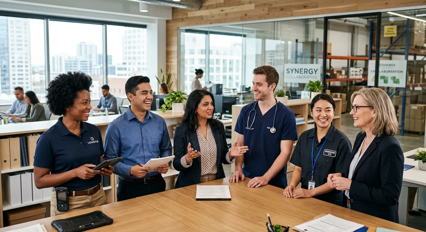 A professional, diverse group of healthcare, warehouse, and administrative workers in a modern offic... A professional, diverse group of healthcare, warehouse, and administrative workers in a modern office setting, looking confident and engaged. Style: Bright, high-contrast professional photography with a focus on authentic expressions.