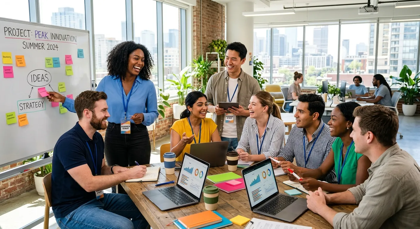 A diverse, energetic group of temporary summer staff in a modern workplace, smiling and collaborating. Style: Bright, professional, and aspirational with a summer vibe. Mood: Confident, efficient, and dynamic.