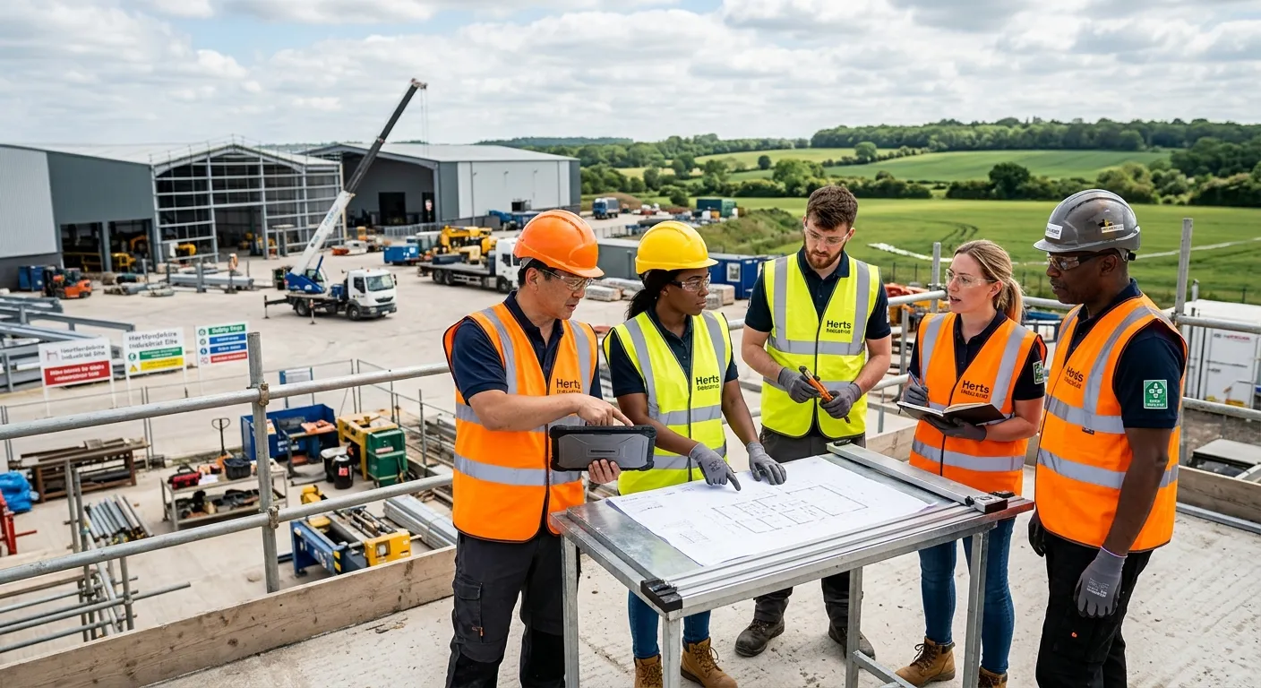 A professional, dynamic image of a diverse team of skilled workers in high-visibility vests and safety gear collaborating on a modern industrial site in Hertfordshire, with a blurred background of warehouses and green fields, conveying reliability and action.