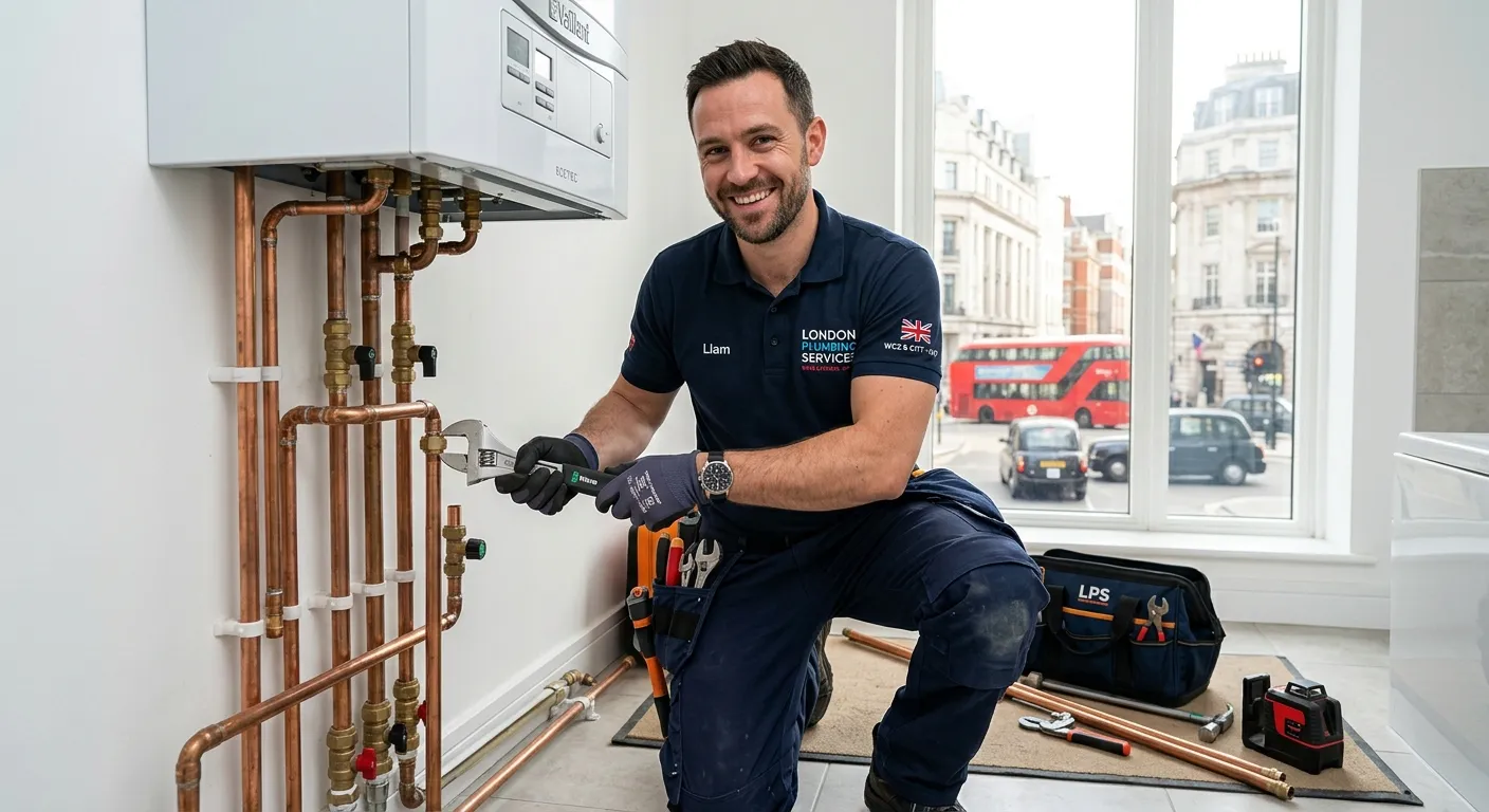 A professional plumber in workwear, smiling confidently while working on a modern pipe installation in a bright London WC2 property, conveying competence, trust, and immediate availability.