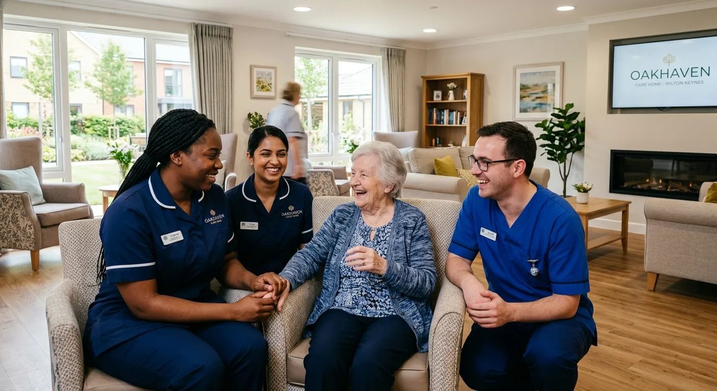 A professional, welcoming photo of a diverse team of care home staff in a modern care facility in Mi... A professional, welcoming photo of a diverse team of care home staff in a modern care facility in Milton Keynes, smiling and interacting with a resident in a bright, clean lounge area. Style: Professional, warm, and trustworthy.