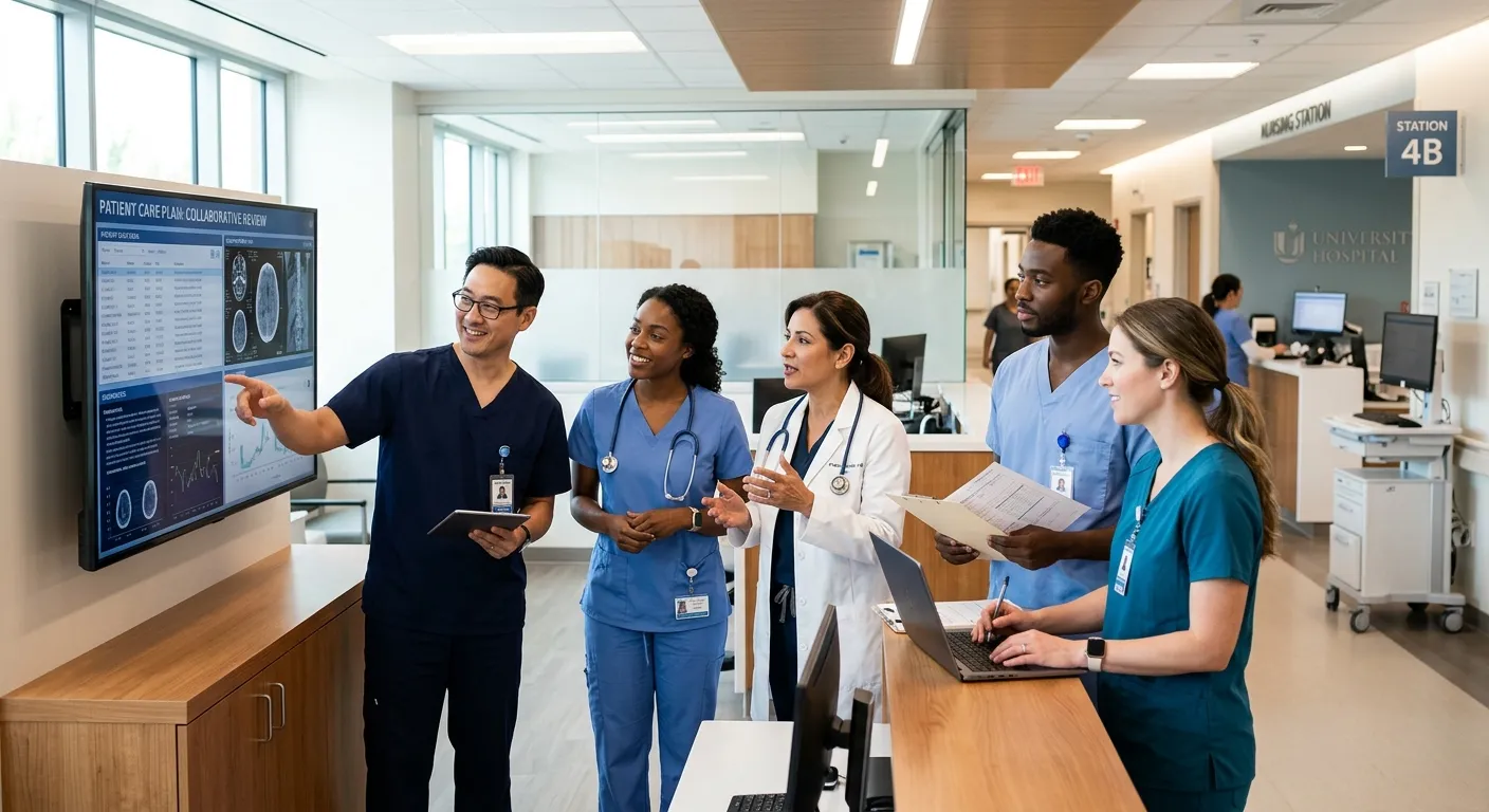 A professional, high-contrast photo of a diverse team of healthcare professionals in a modern clinic... A professional, high-contrast photo of a diverse team of healthcare professionals in a modern clinic or hospital setting, collaborating confidently. Style: Clean, bright, and inspiring. Mood: Trustworthy and competent.
