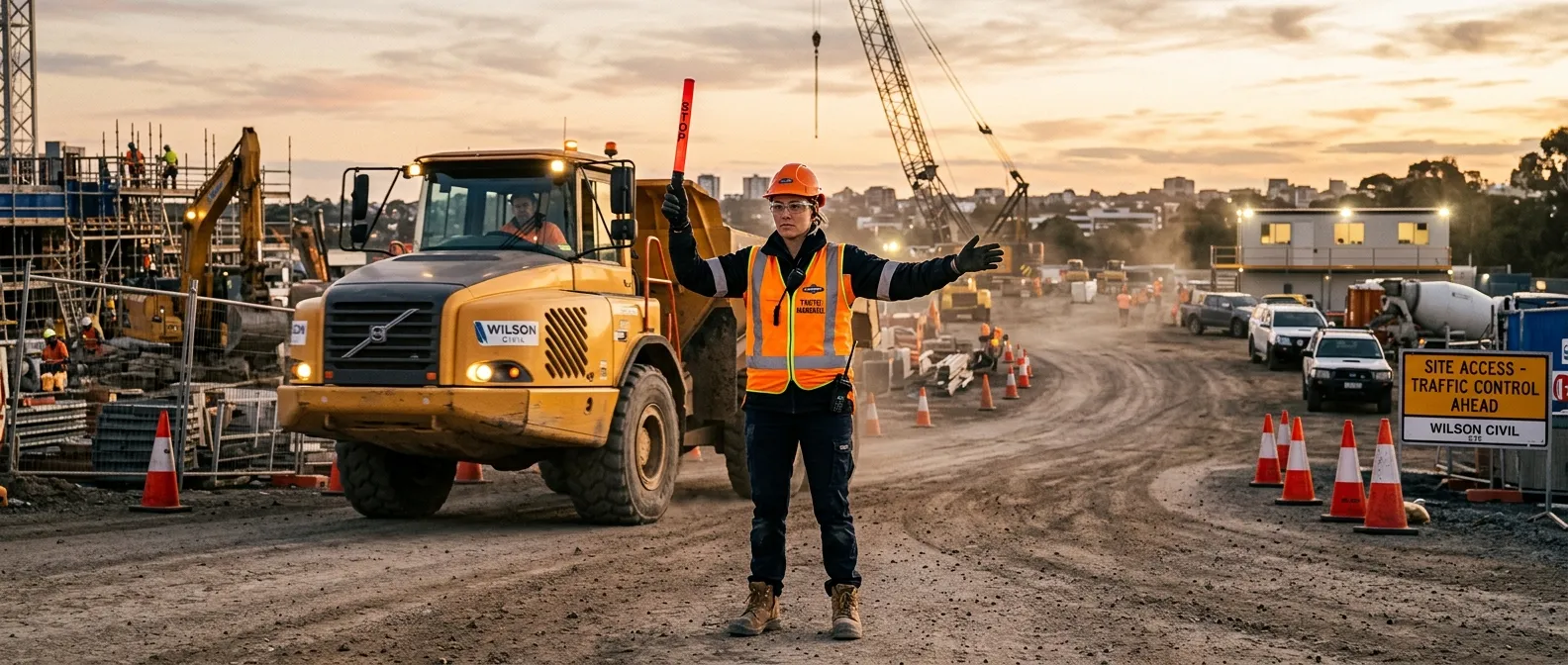 A professional, dynamic image of a Traffic Marshall on a busy construction site, wearing high-visibility gear and confidently directing vehicles. The mood is authoritative, safe, and efficient. The image should be wide, suitable for a hero banner.